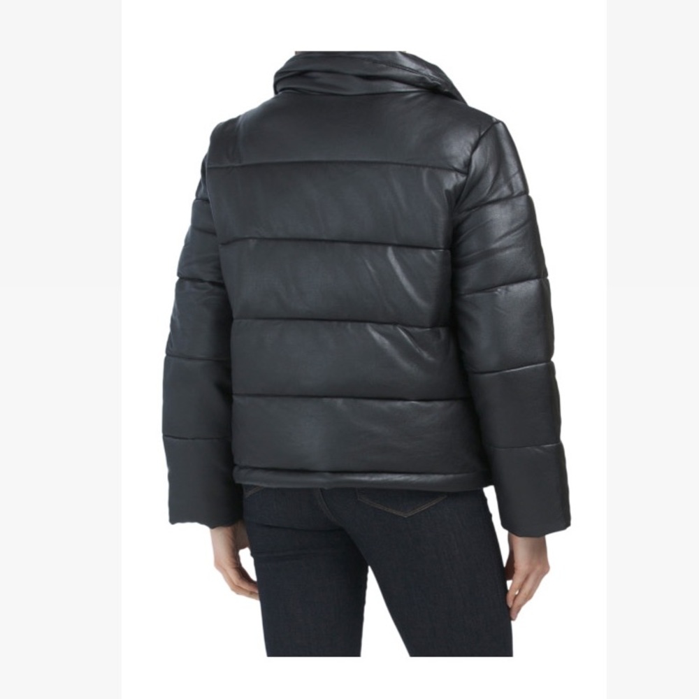 7 for All Mankind Faux Leather Quilted Black Puffer coat puffy winter jacket med - Picture 5 of 16
